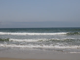 Waves roll onto the sandy shore of the ocean.