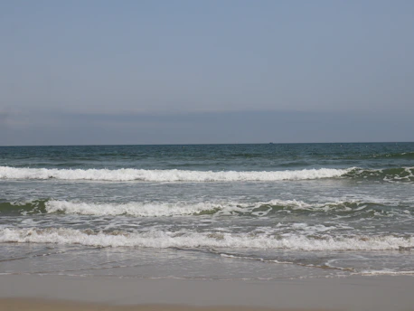Waves roll onto the sandy shore of the ocean.