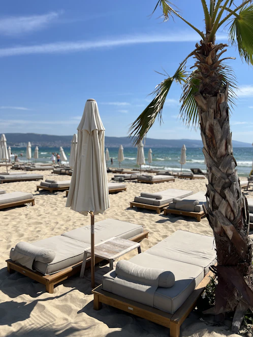 Beach scene with lounge chairs under umbrellas