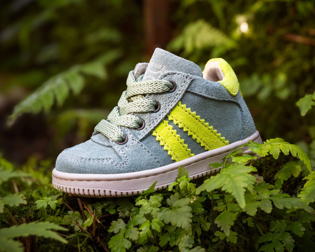 Small blue and yellow children sneaker styled in a leafy outdoor setting