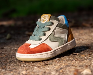 A colorful sneaker is displayed outdoors.