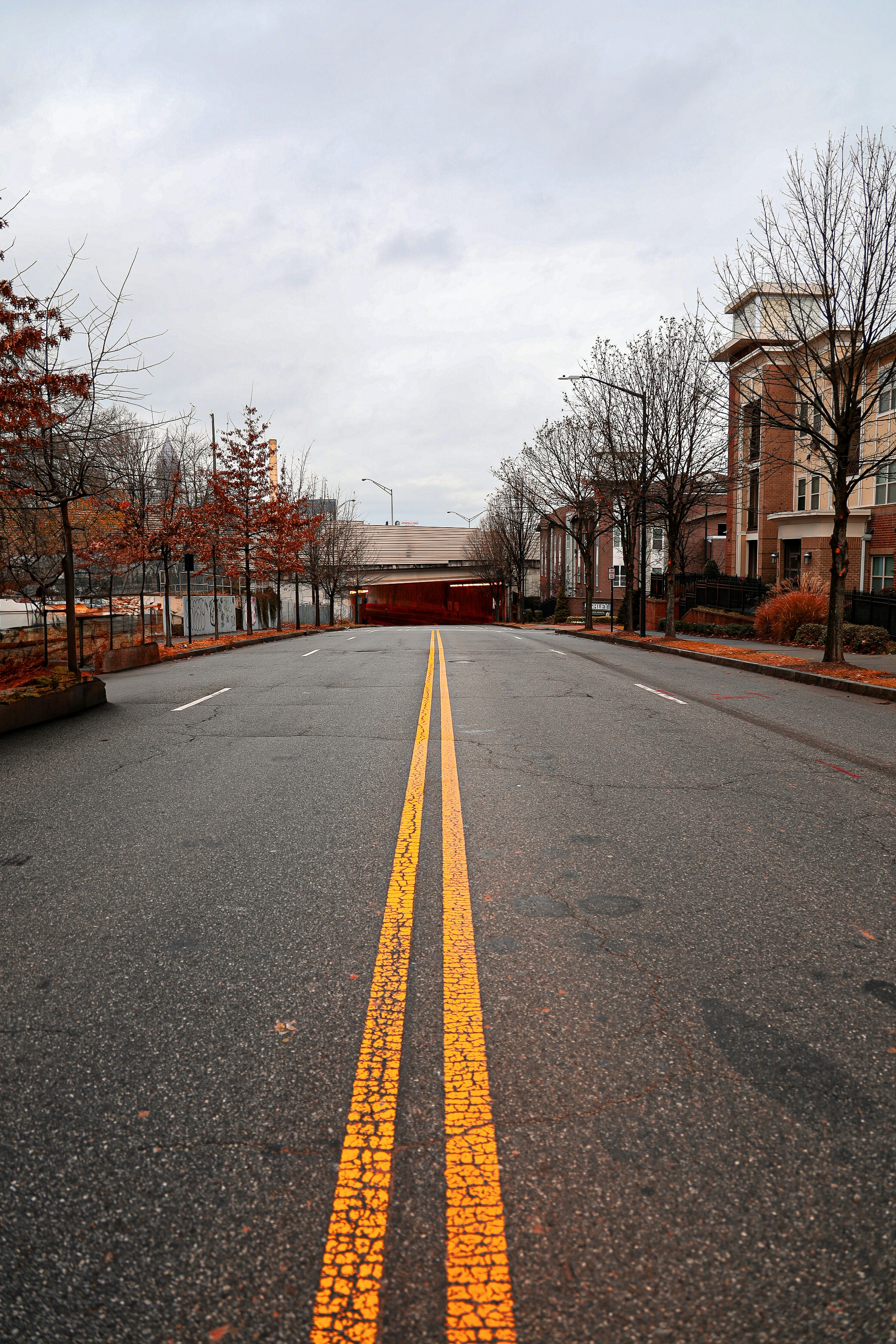 Empty street leads toward a bridge on a cloudy day.