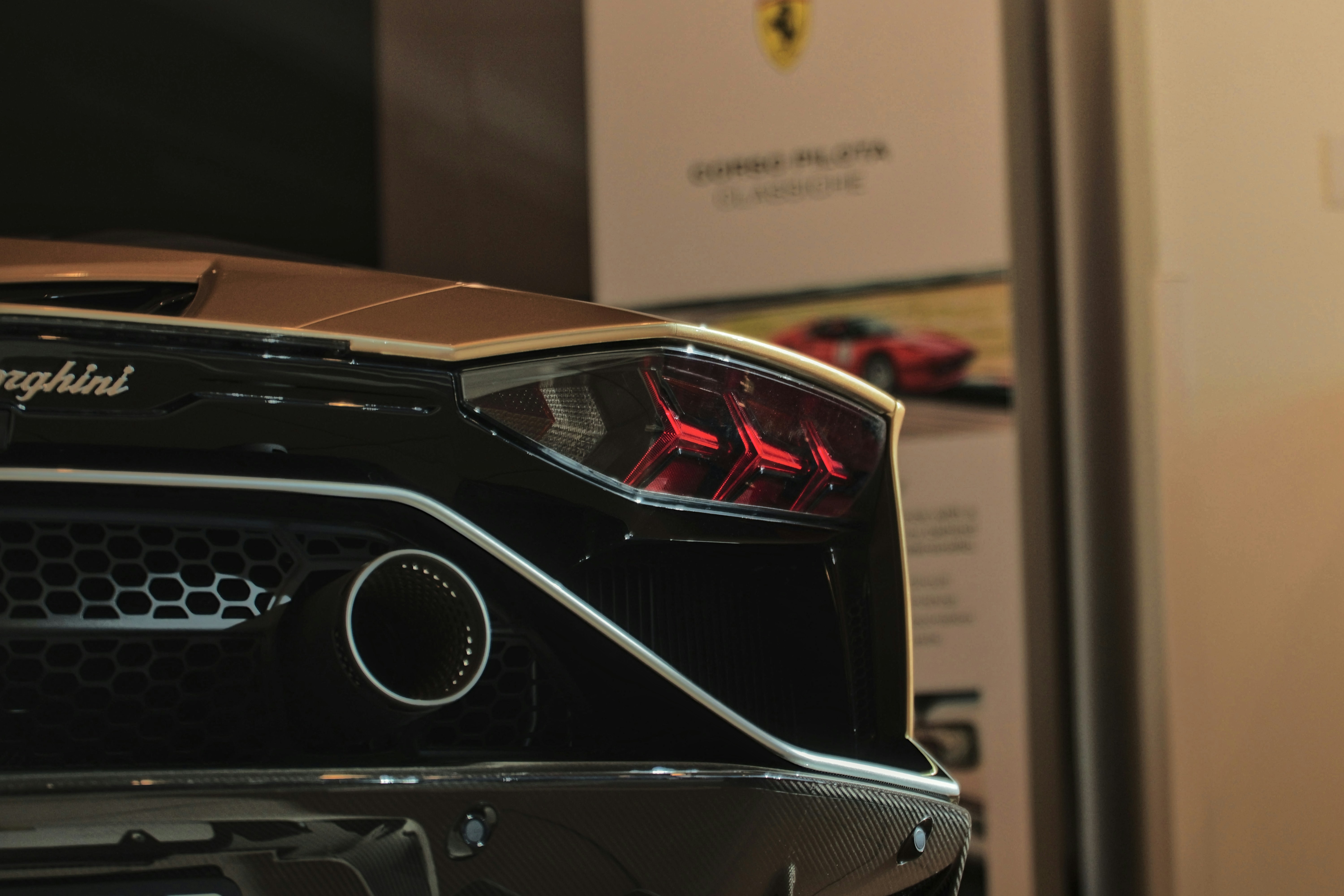 Lamborghini's rear view and taillight.
