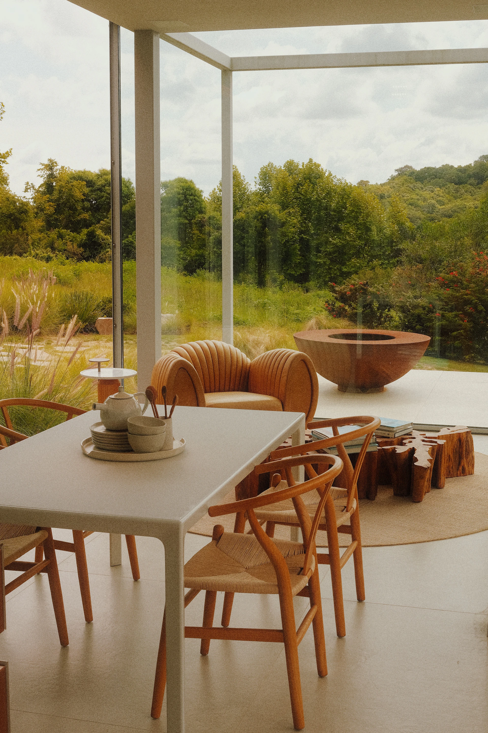 A modern dining room with a beautiful view.