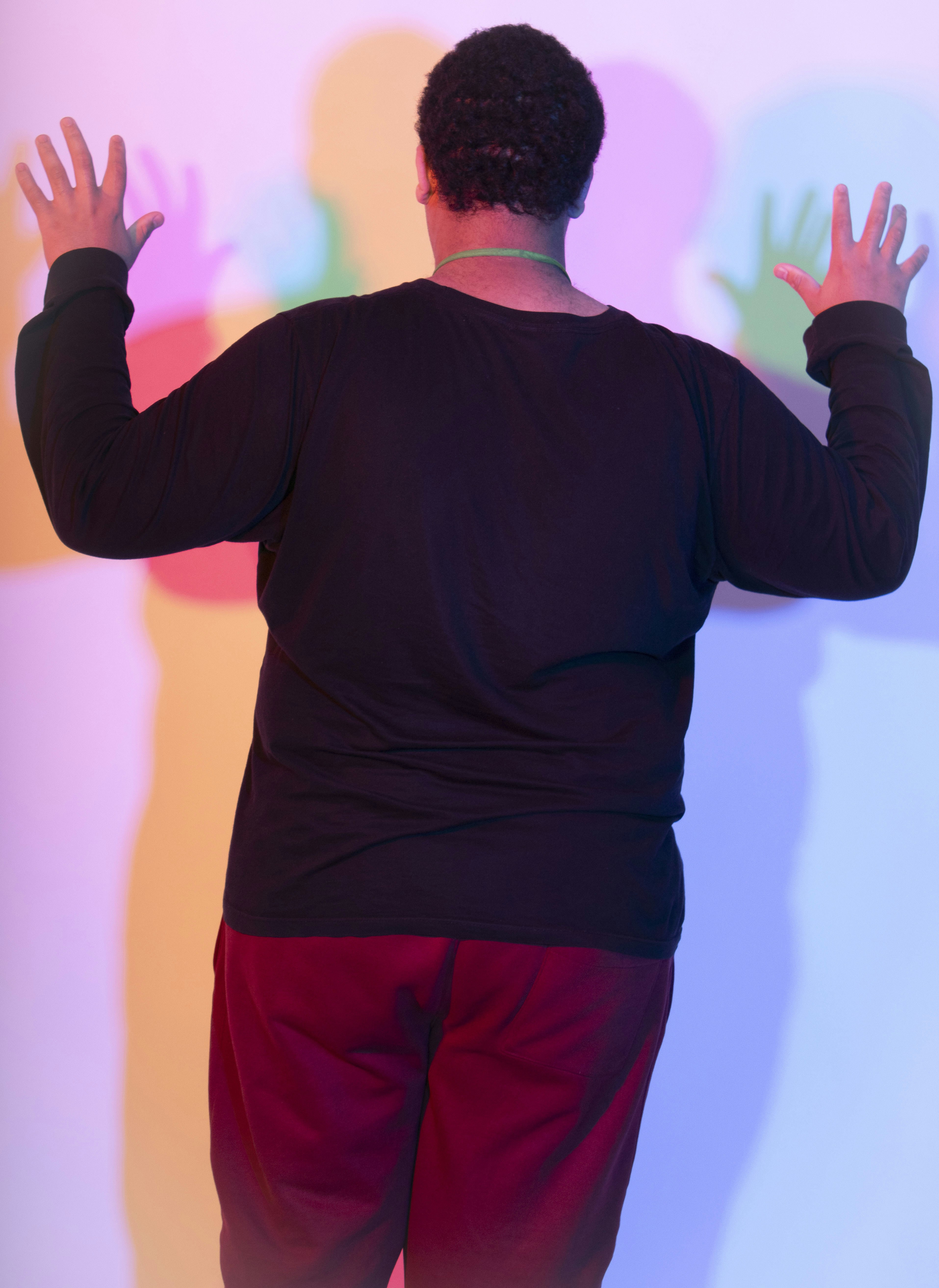 Person makes hand shadows on a colorful wall. photo – Free Light Image ...