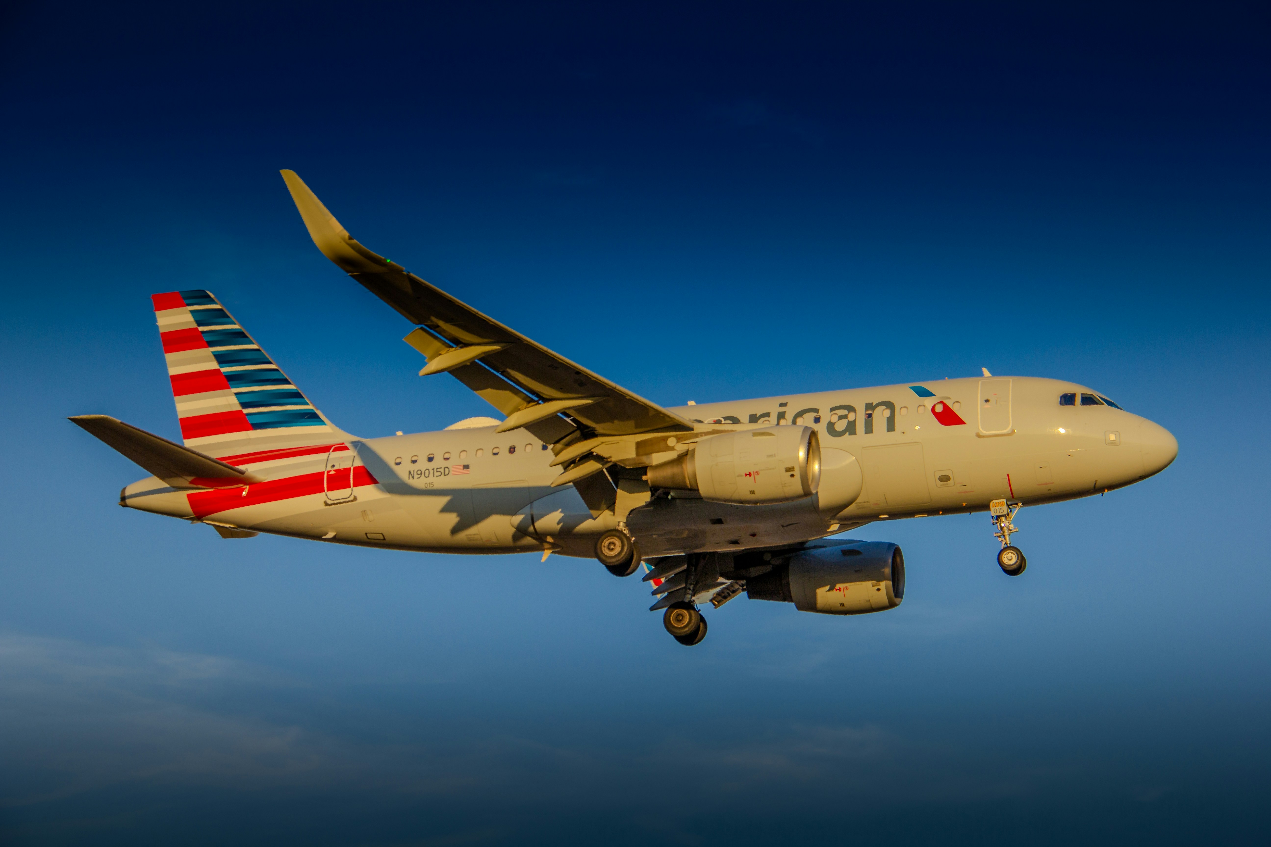 American airlines plane is landing in the sky.