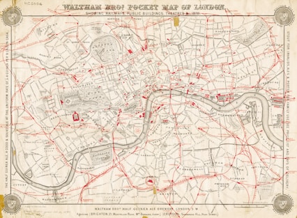 Antique pocket map of london showing streets and river.