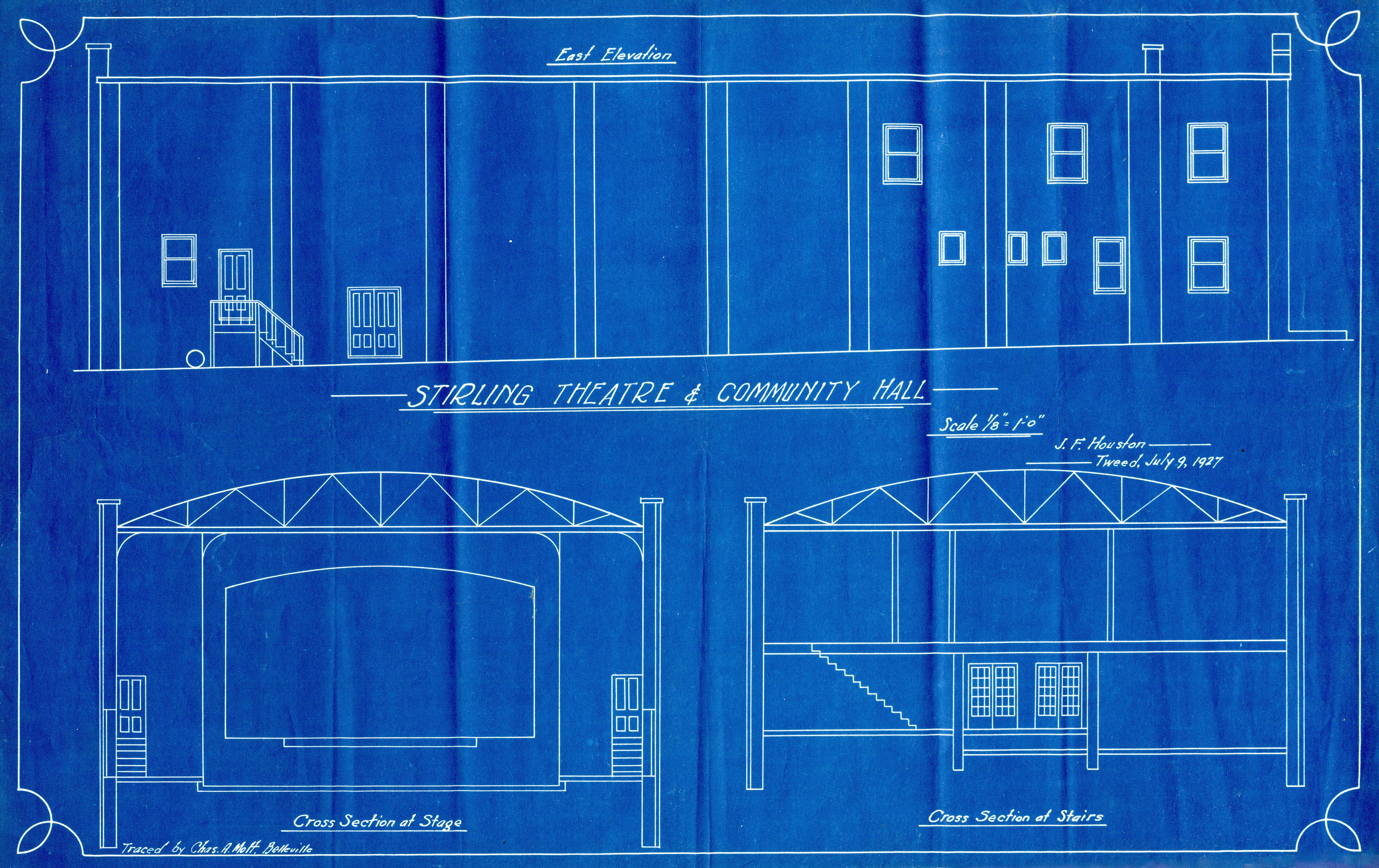TSR 21-01-04 Plan of Stirling Theatre & Community Hall, Stirling, Ontario, traced by Charles Mott from a plan by J. F. Houston. Transferred from the Township of Stirling-Rawdon in December 2019. Taken on July 9, 1927
