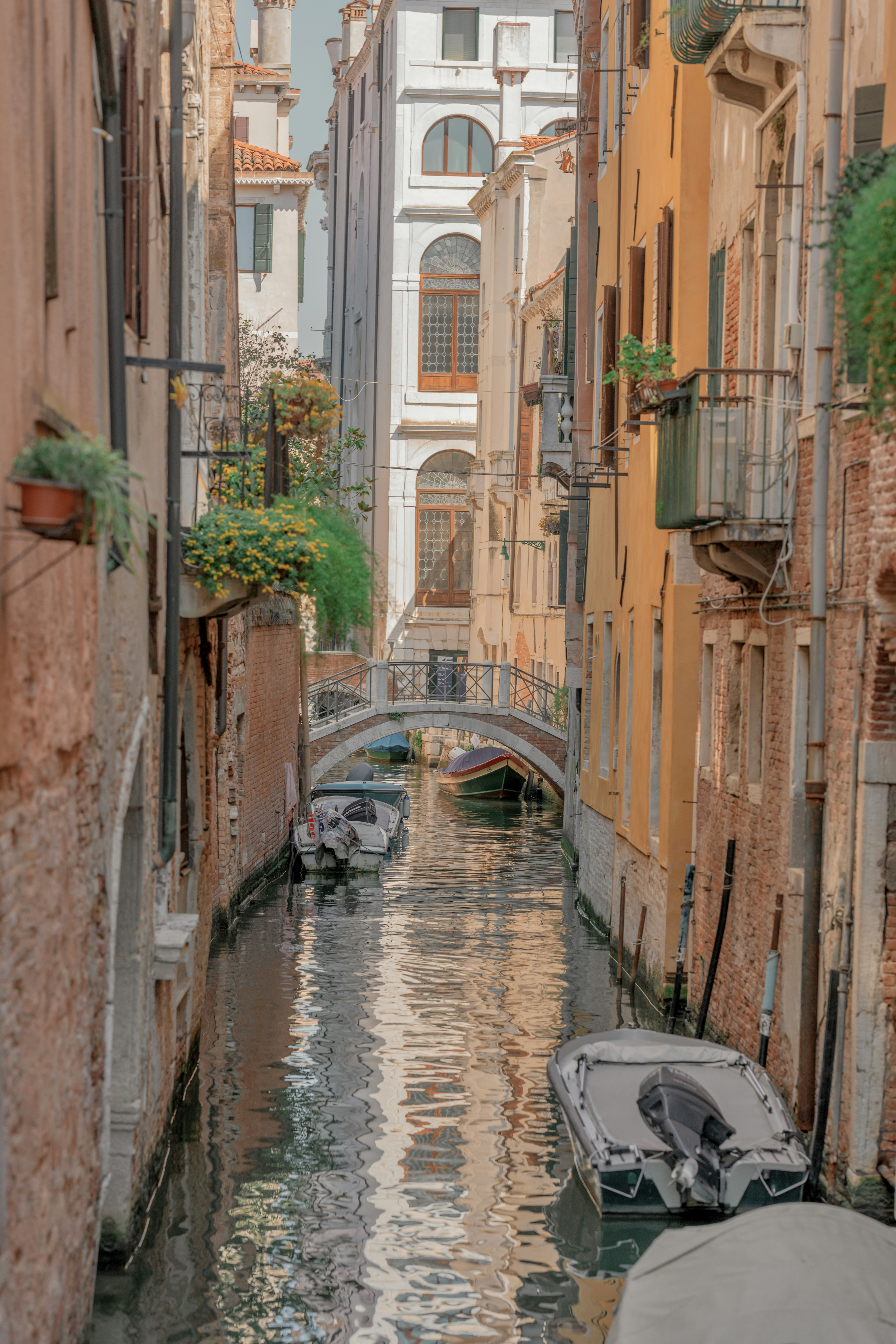 Scène de canaux vénitiens avec des bateaux et des ponts.