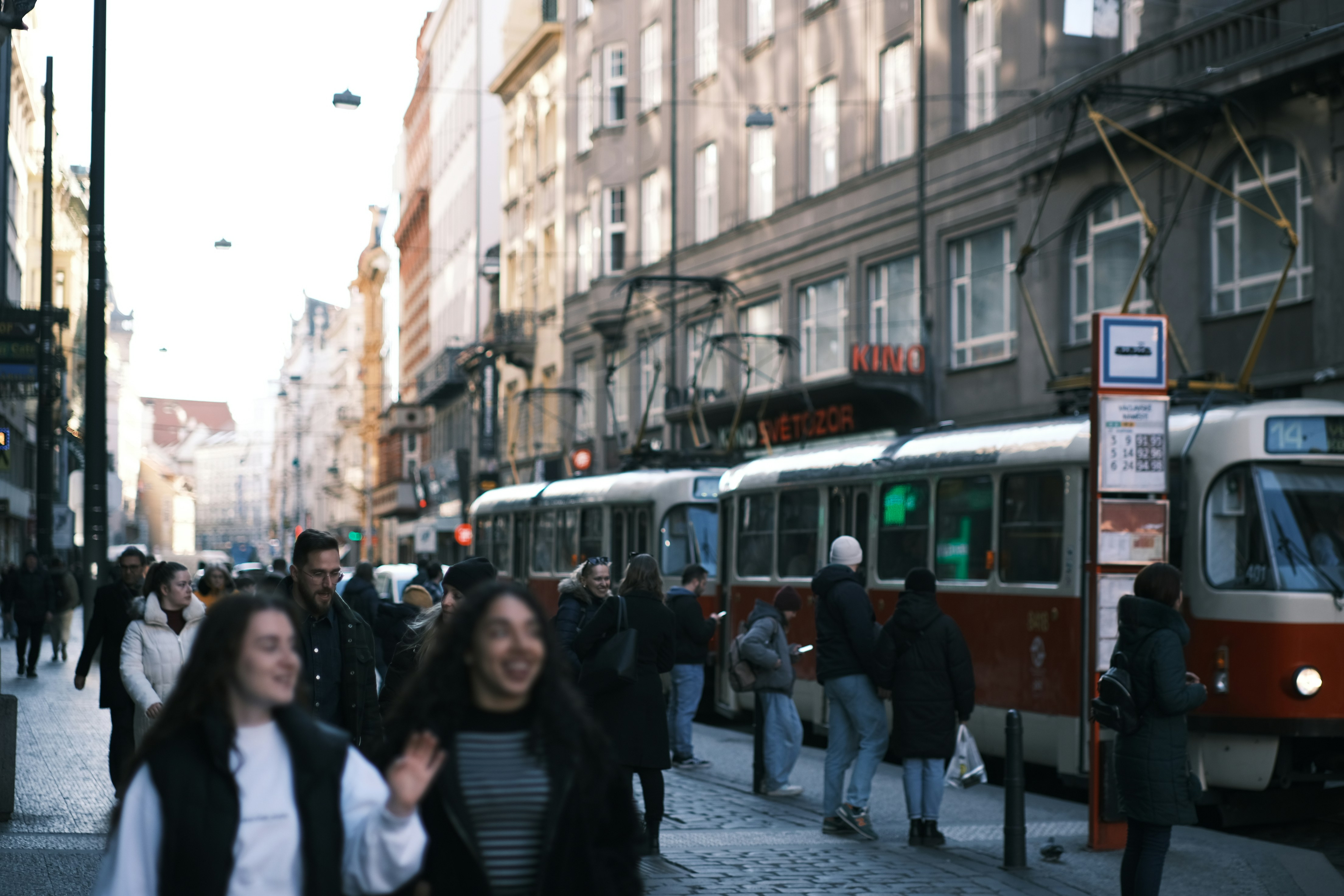 Bustling city street with trams