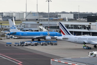 Airplanes are parked at an airport terminal.