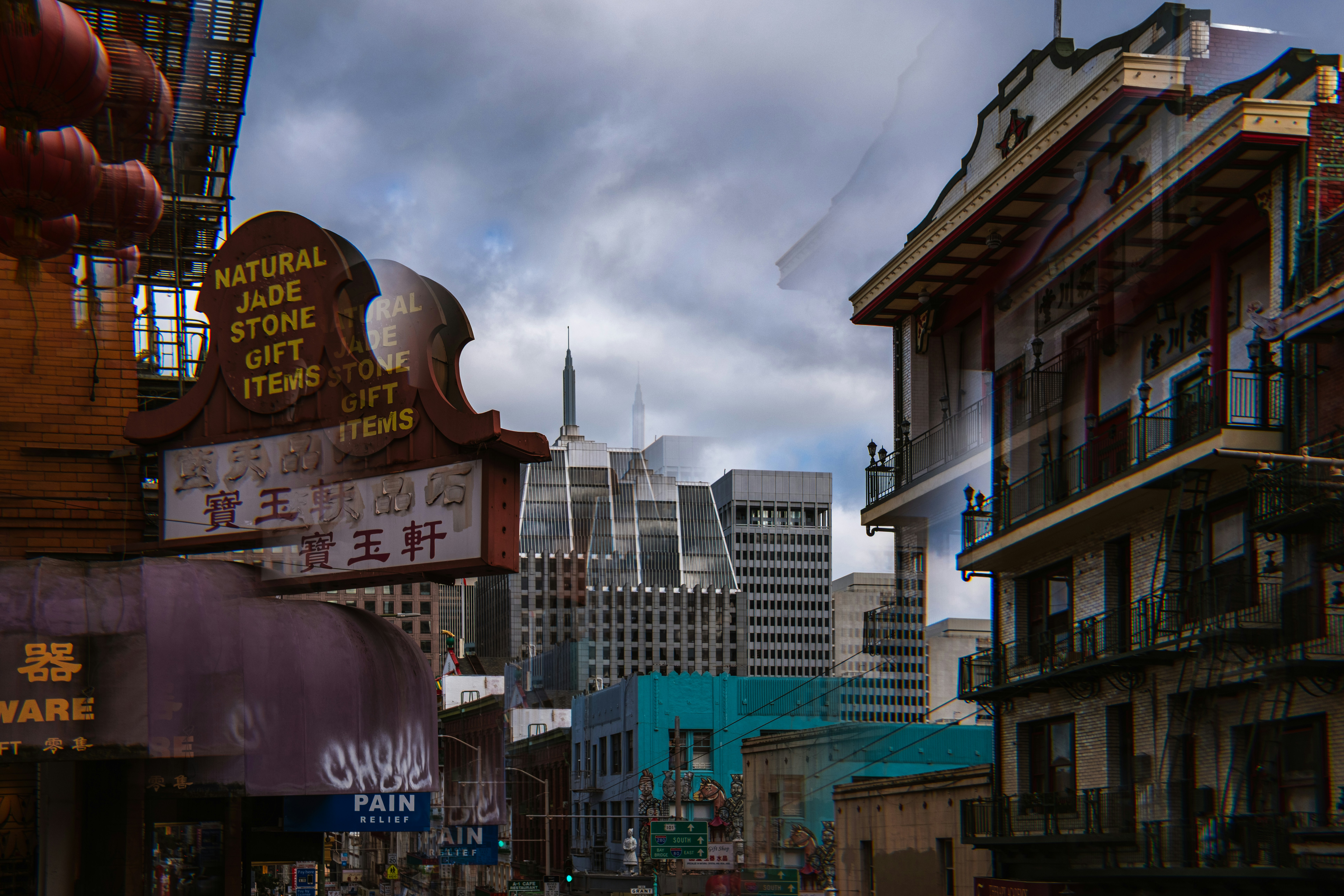 A picture of some buildings in Chinatown San Francisco through a prism lens