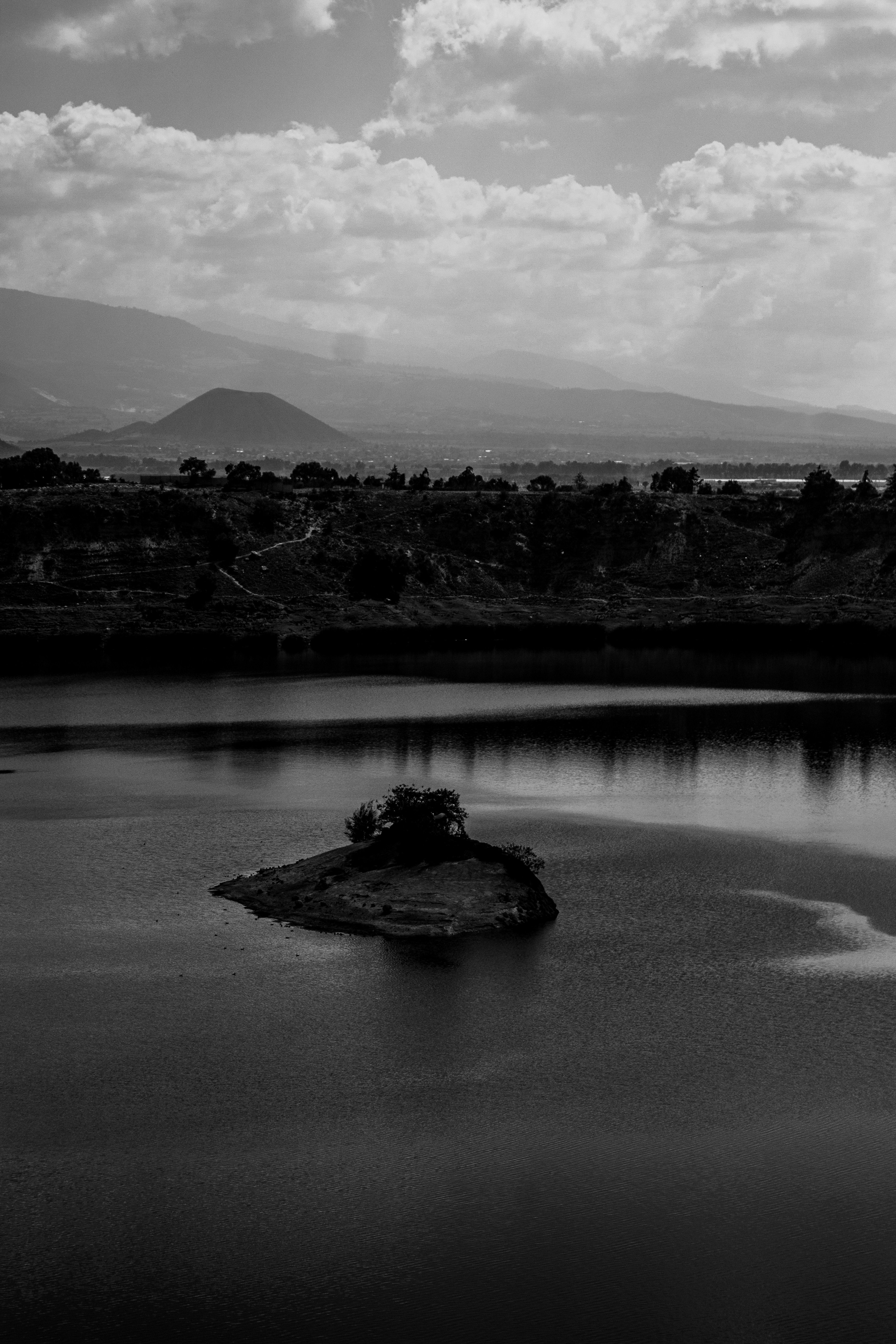 Fotomural A lake scene with island in black and white