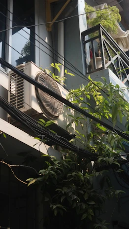 An air conditioner and overgrown vines on building.