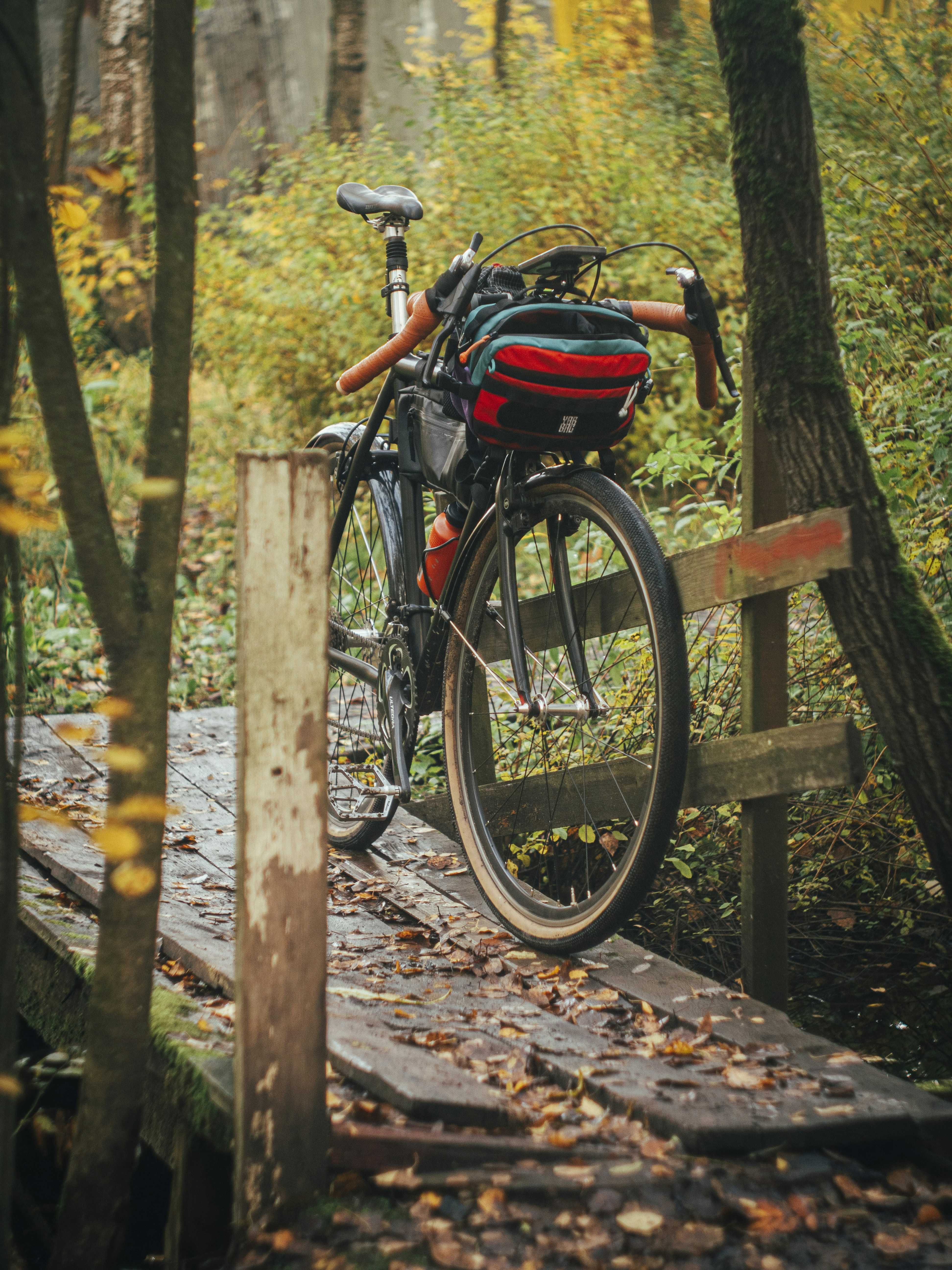 Bike rests on a wooden bridge in the woods.
