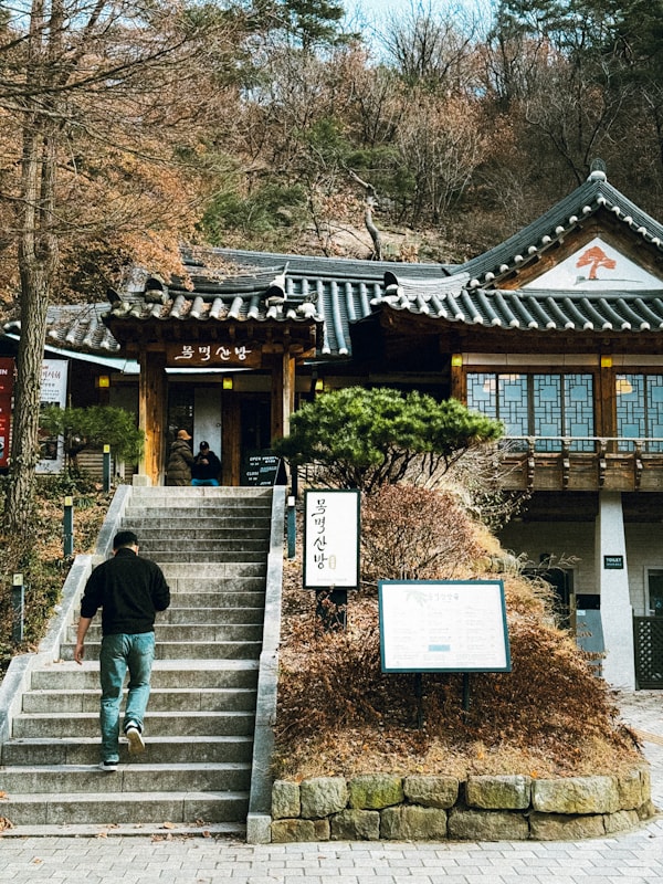 A man walks up stairs to traditional building.