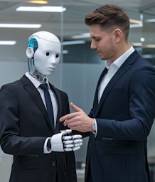 A man shakes hands with a robot.