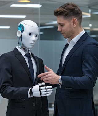 A man shakes hands with a robot.