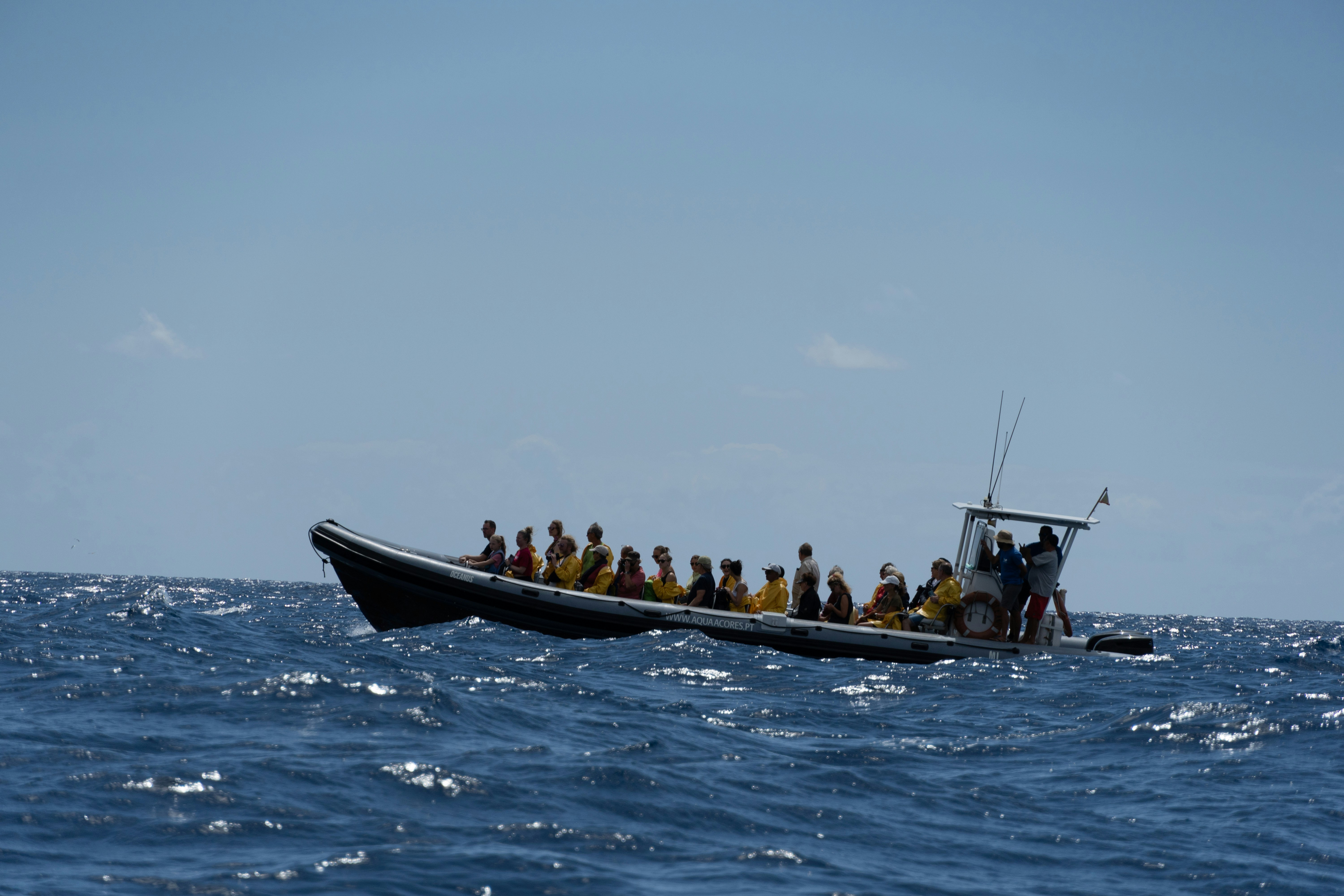 A boat carries passengers over wavy blue ocean.