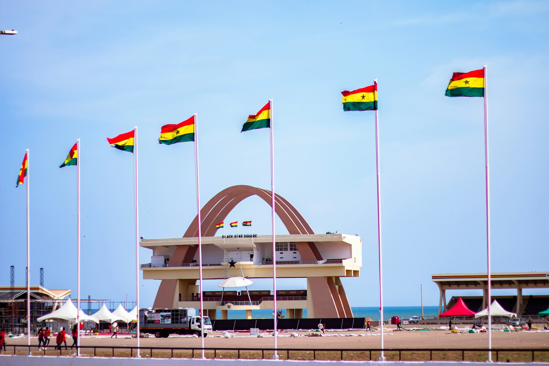 Independence Arch and Black Star Square in Accra, lined with Ghanaian flags