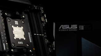 A close-up of an asus computer motherboard.