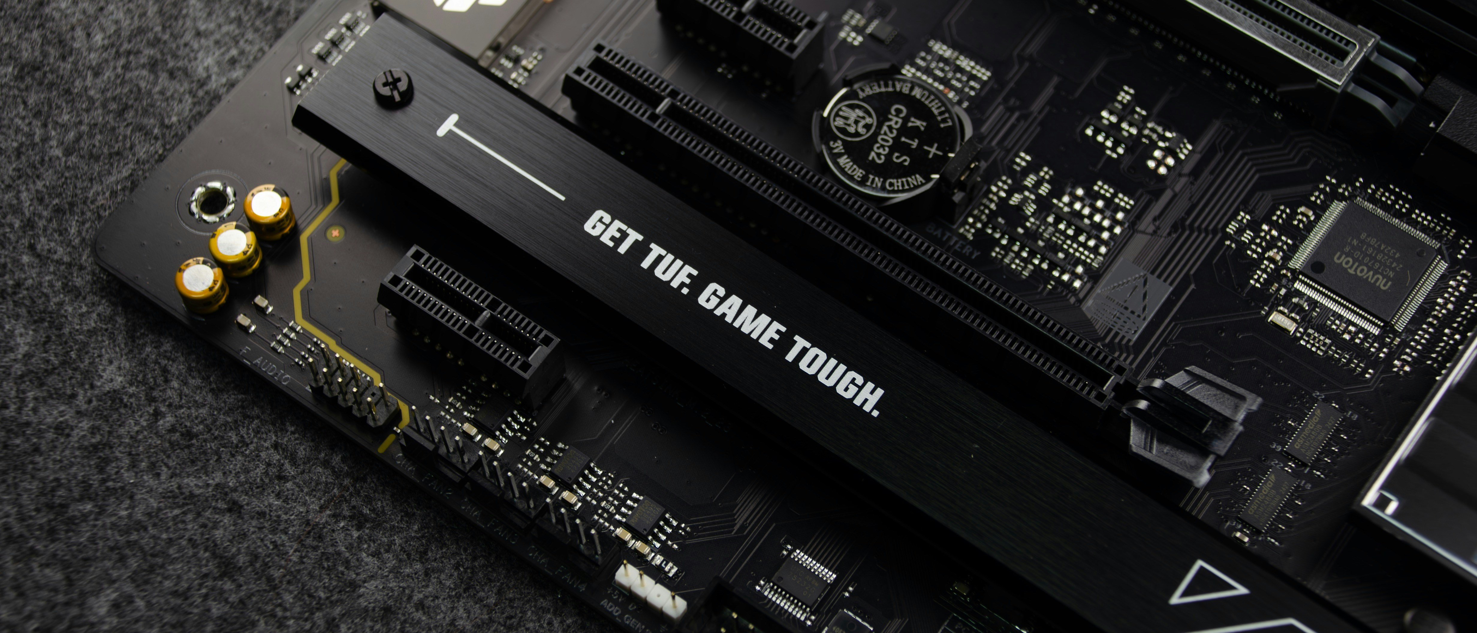 A close-up of a computer motherboard.