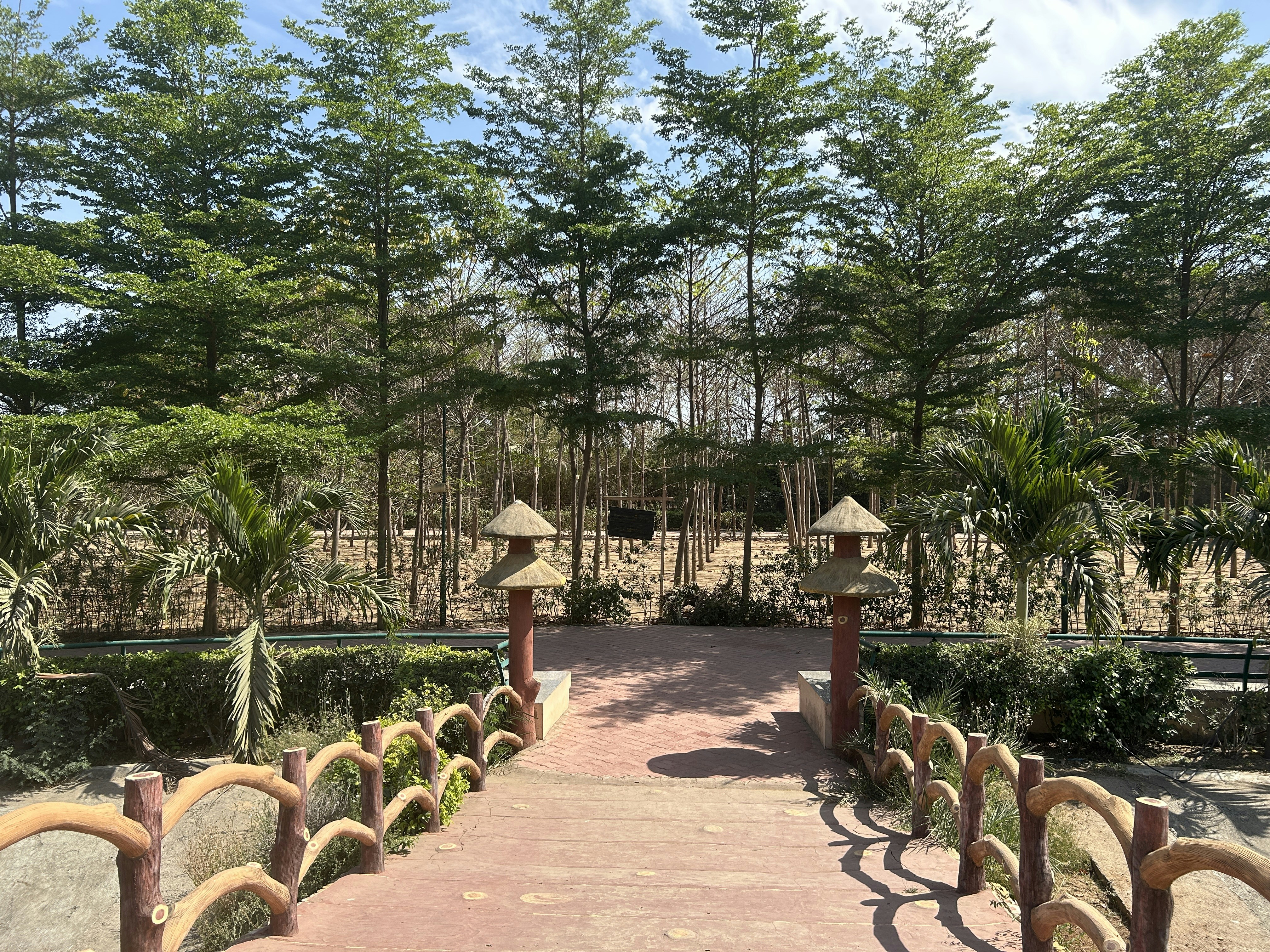 Red bridge to garden