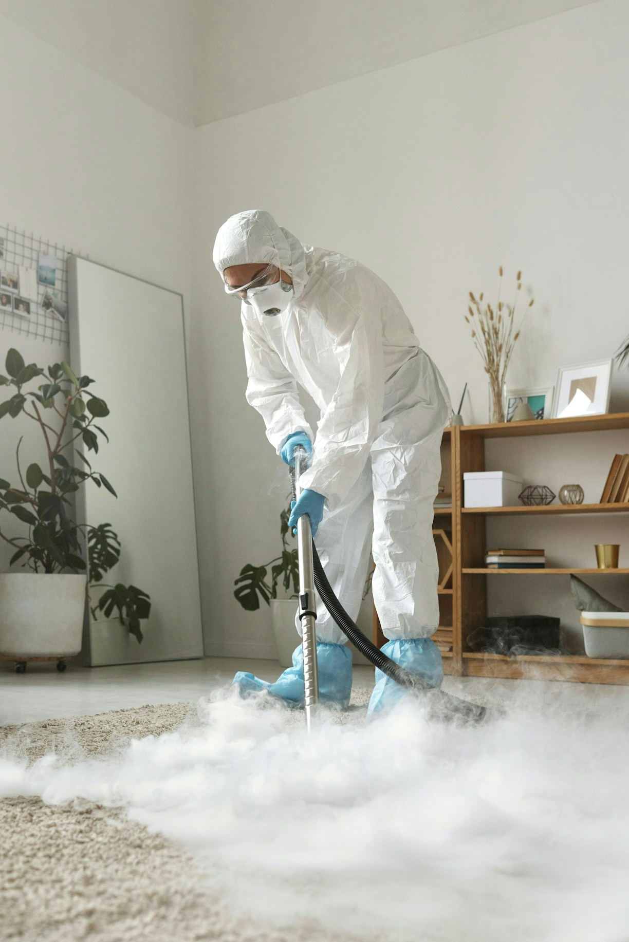 A person in protective suit cleans a carpet.