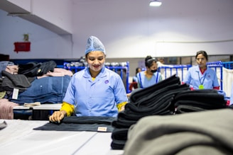 Workers are folding and inspecting garments in factory.