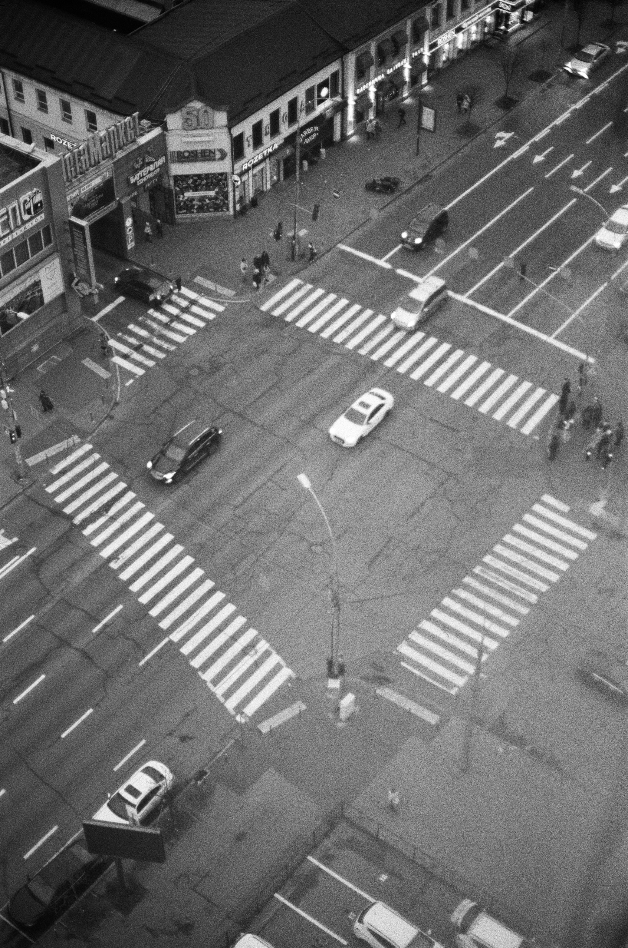 Bird's-eye view of a busy city intersection.