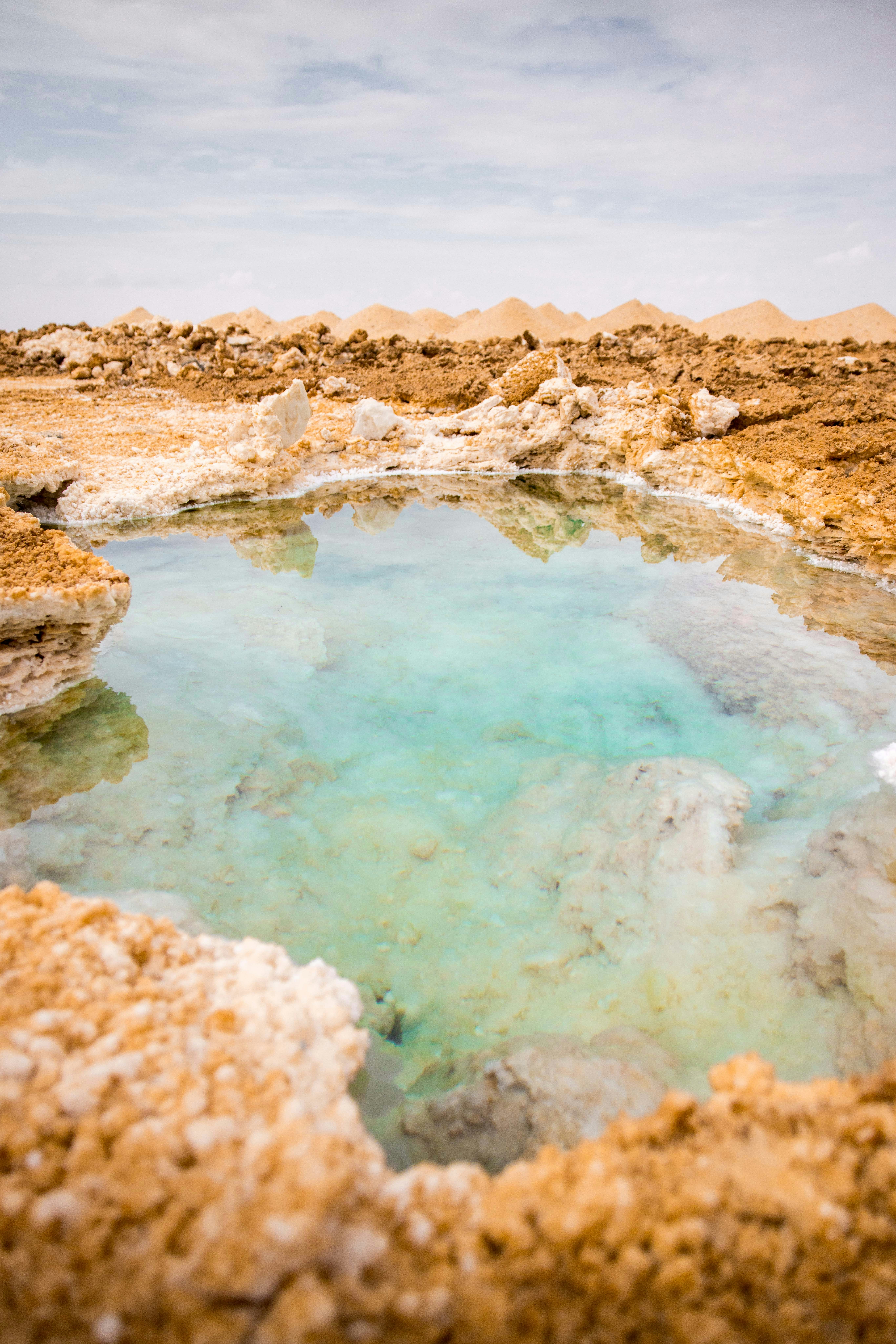 A serene pool amidst a harsh desert landscape.