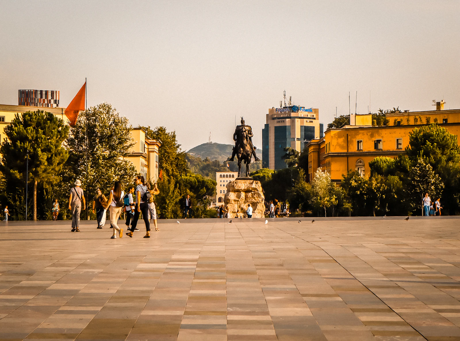 Skanderbeg Square in Tirana, the equestrian statue and the painted ministries around it