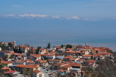 A picturesque village sits before mountainous landscape.