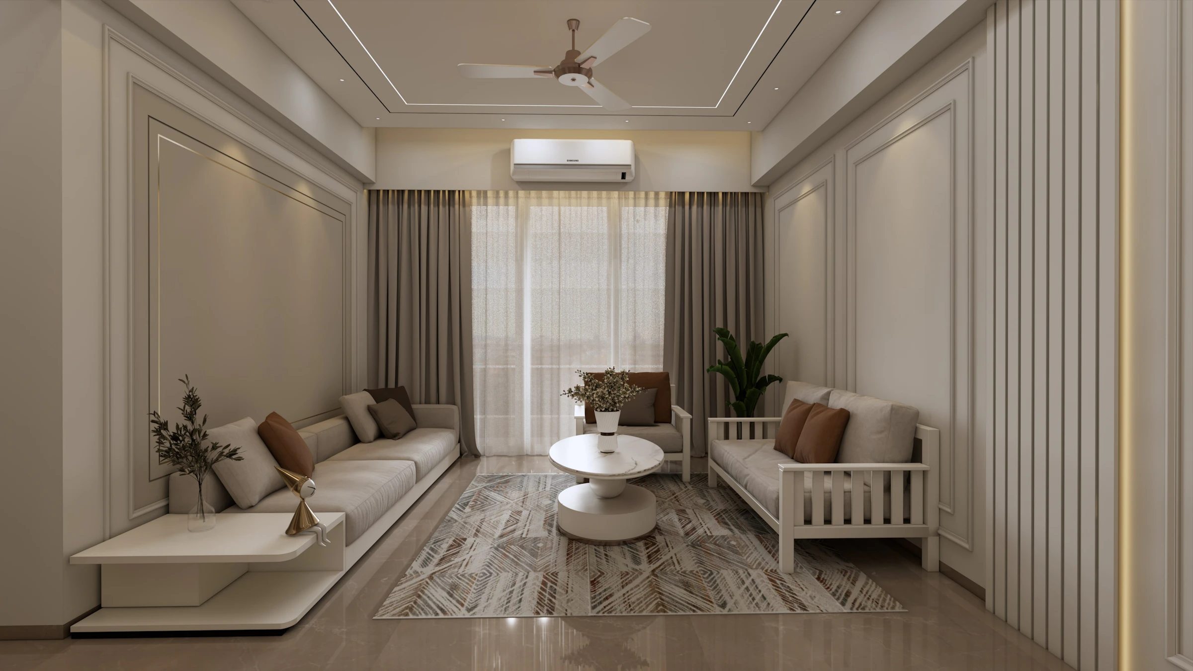 An elegant warm-neutral living room with sculptural cream furniture and natural light