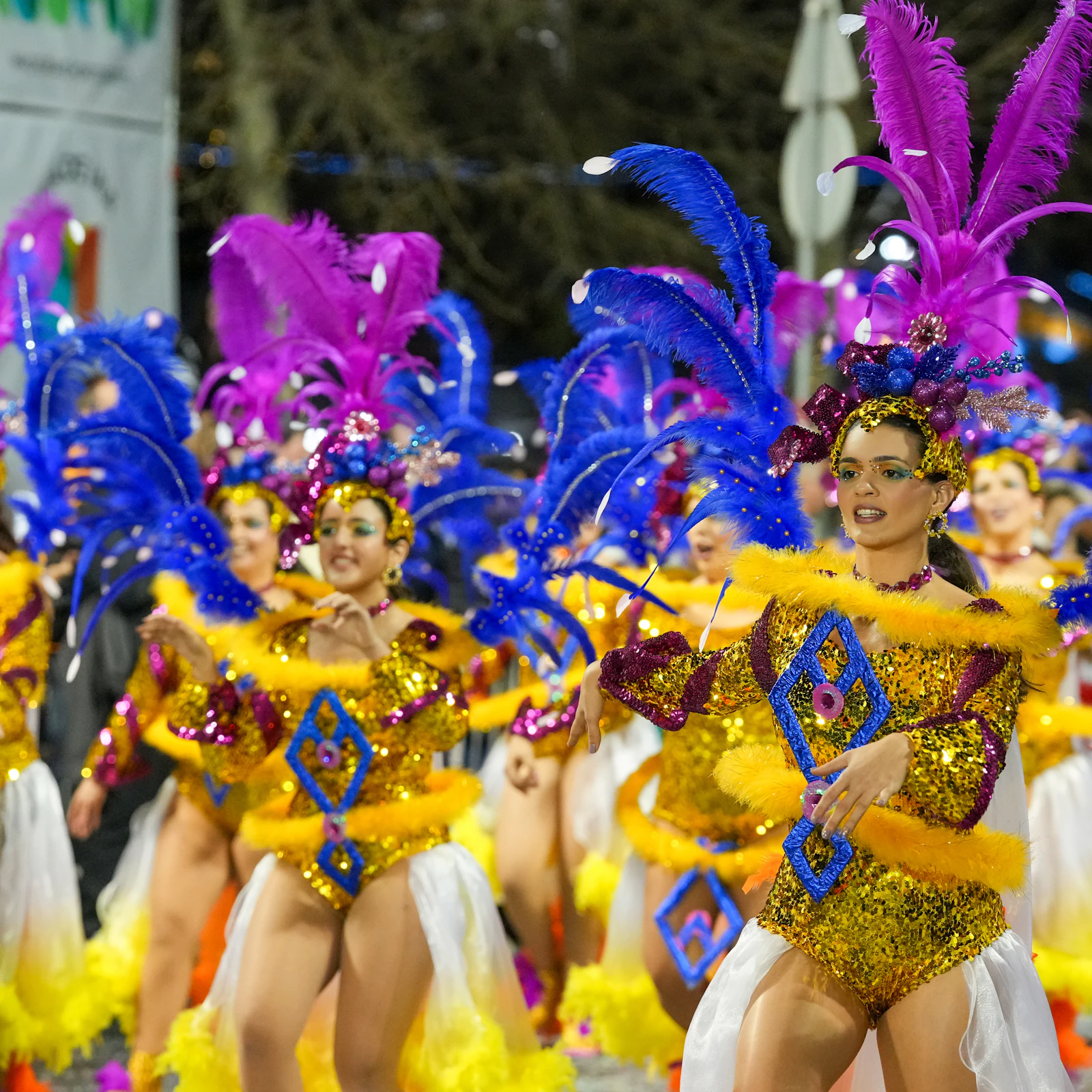Carnival dancers performing in vibrant costumes during a parade