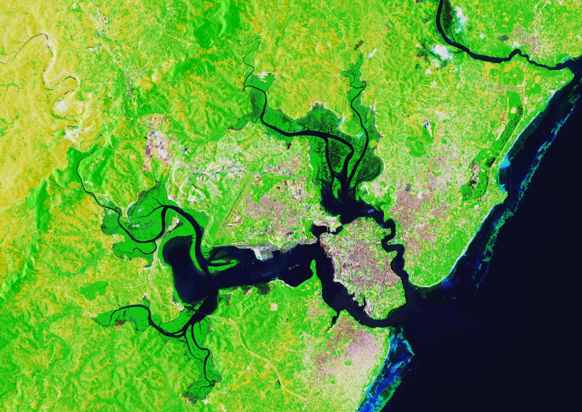 An aerial view of a coastal landscape.