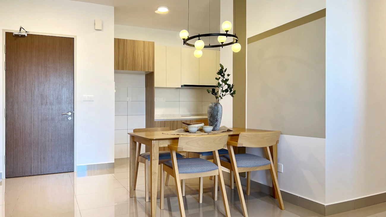 Contemporary dining interior with warm wooden furniture and minimalist home decor