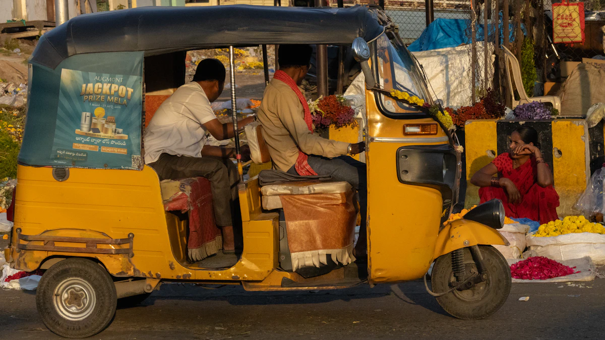 An auto-rickshaw moving through dense city traffic