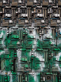 Arrangement of old computer motherboards in a pattern