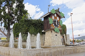A cuckoo clock and fountain in a public square.