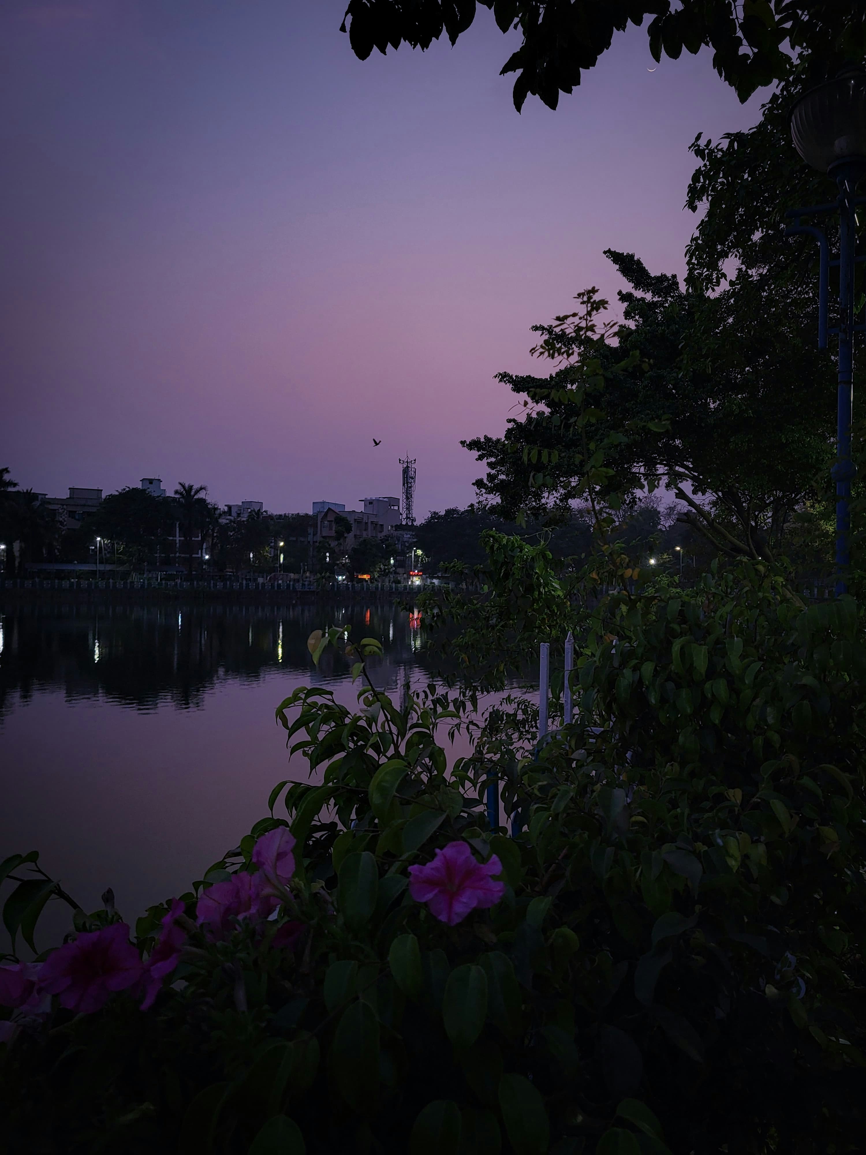 Lago tranquilo que refleja el cielo crepuscular.