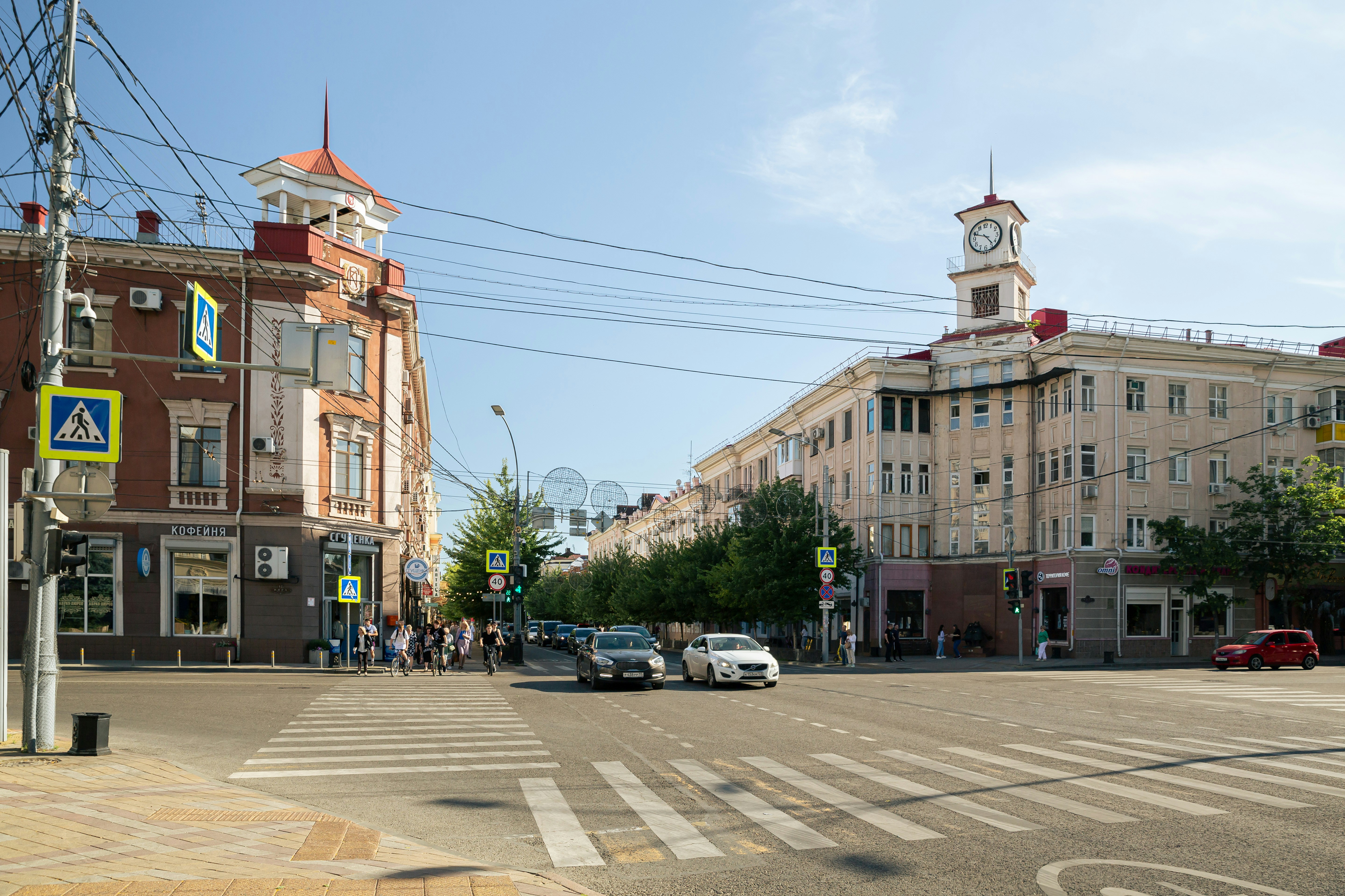 City intersection with beautiful old buildings and clock tower.