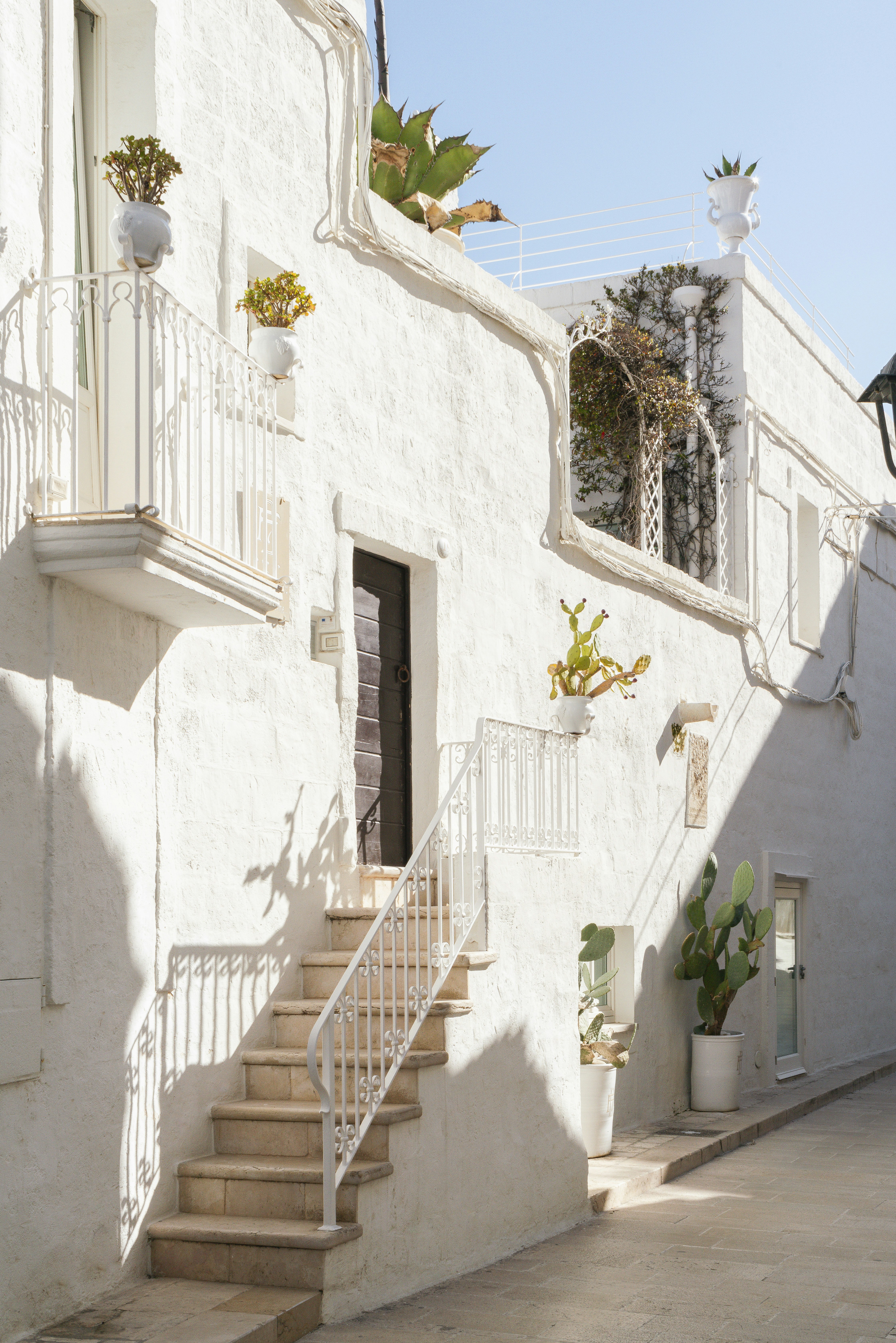 White building with stairs and decorative plants.