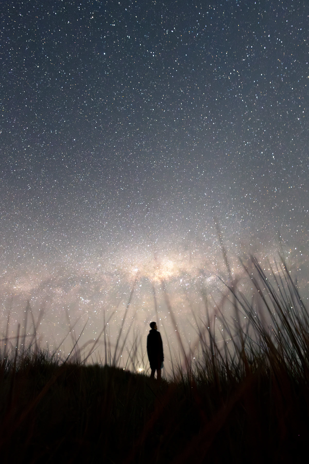 A person silhouetted under a wide, star-filled sky