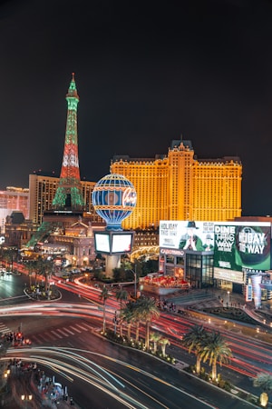 The Las Vegas Strip lit up at night near the south end where T-Mobile Arena sits