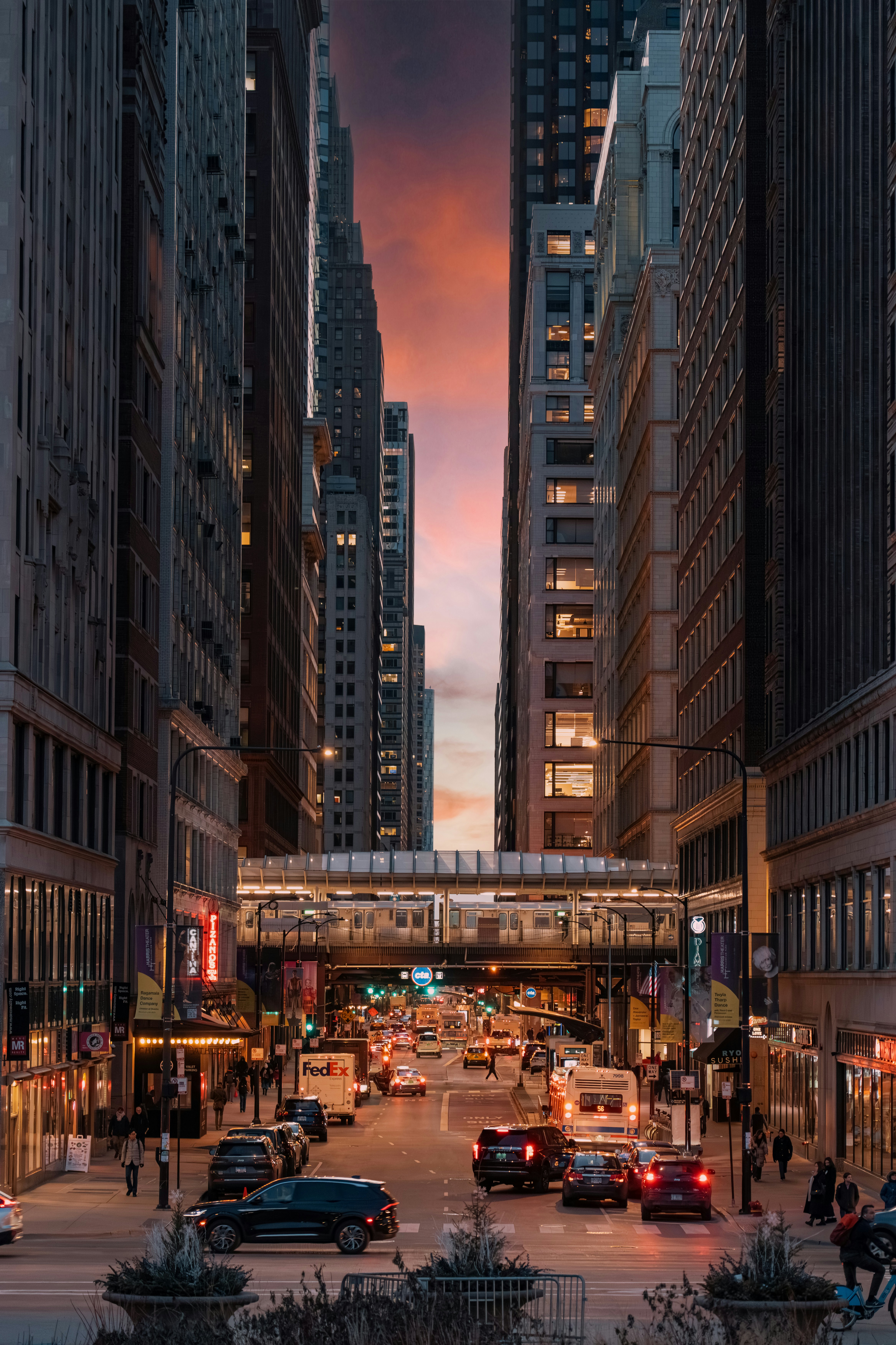 Urban skyline view with vibrant sunset colors.