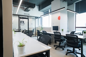 Modern, open-plan office space with desks and chairs.