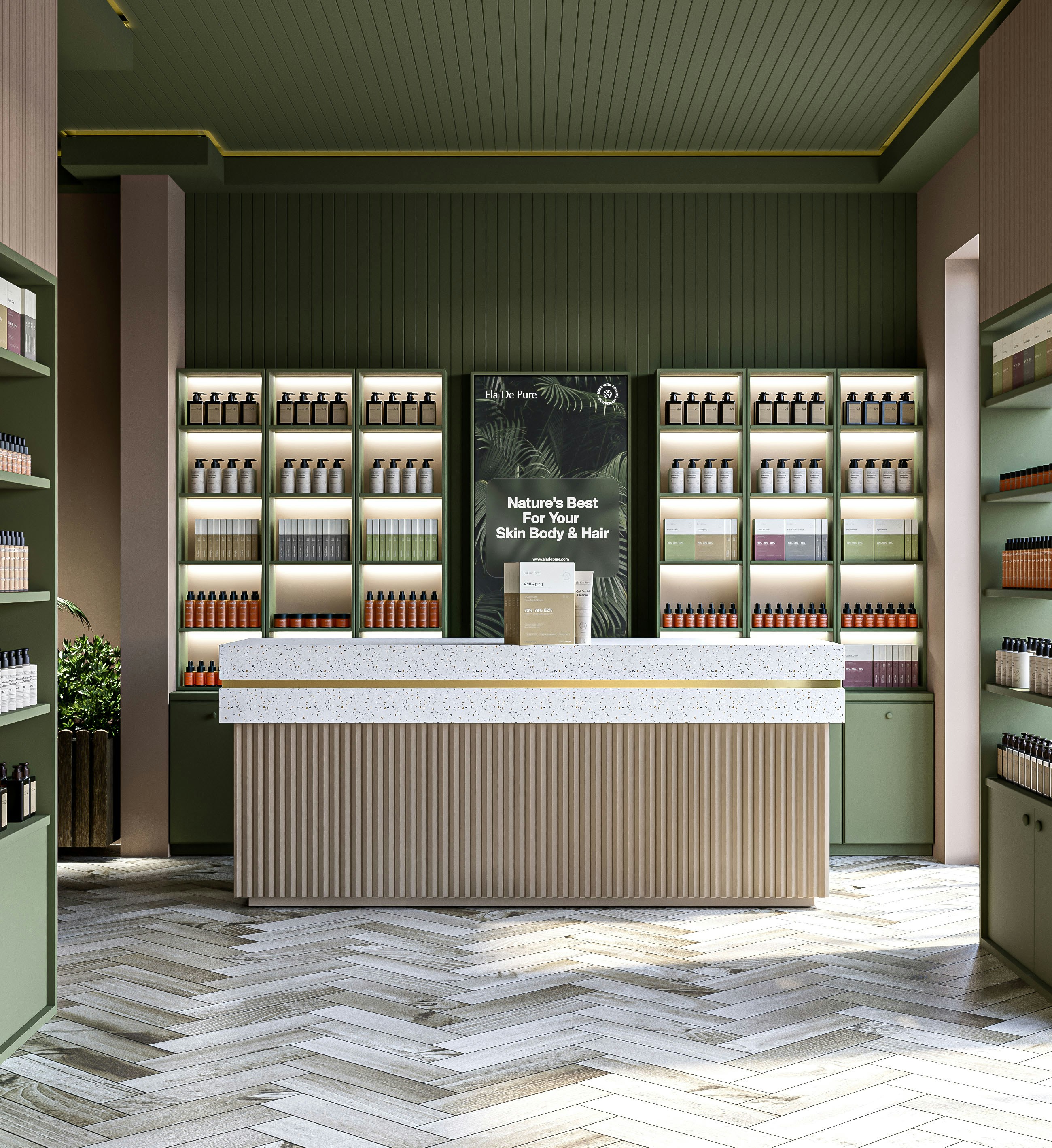 Modern store interior featuring cosmetic products.