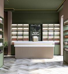 Modern store interior featuring cosmetic products.