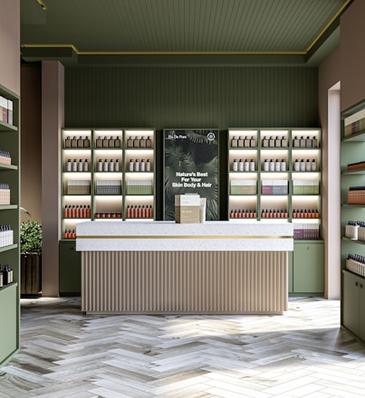 Modern store interior featuring cosmetic products.